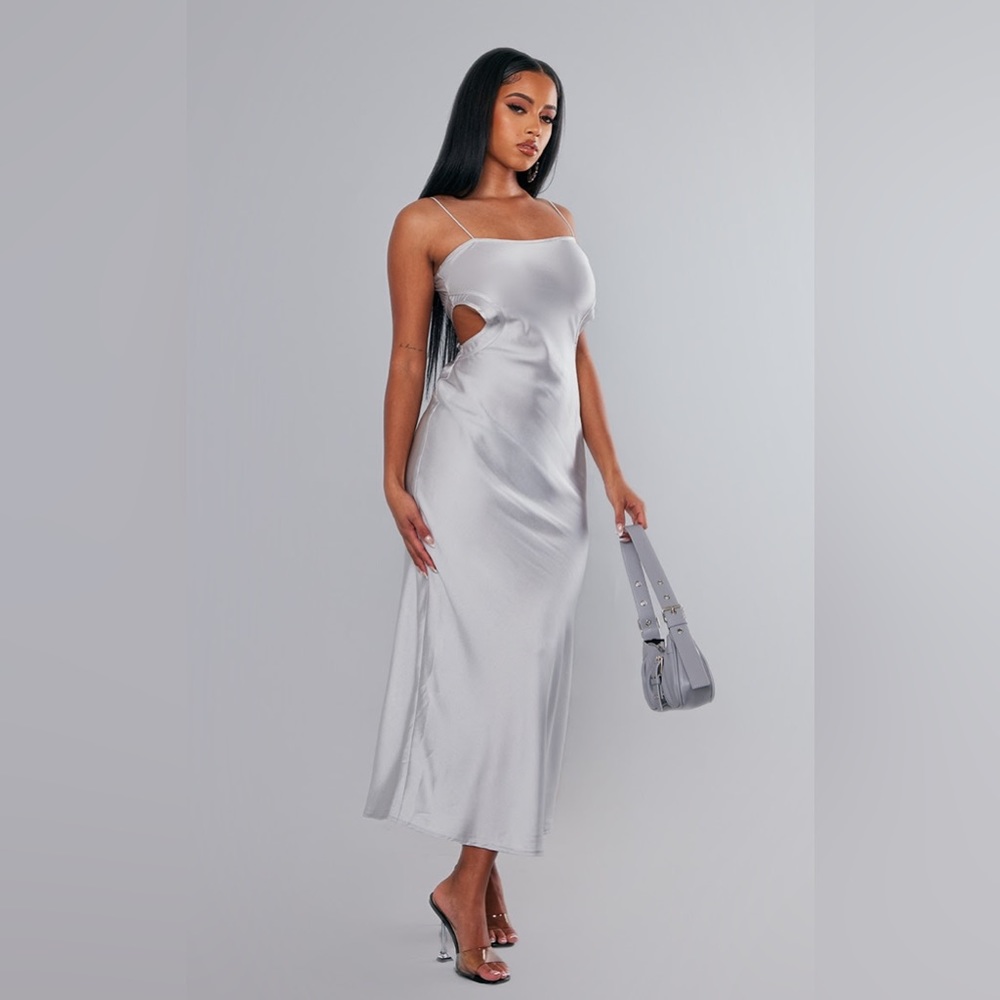 Pretty Little Thing Silver Satin Cut Out Binding Detail Strappy Midi Dress